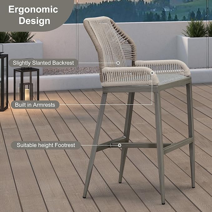 PURPLE LEAF 2 Pieces Bar Stools Patio Modern Rattan Barstools Aluminum Woven Tall Bar Chairs with Cushions for Outdoor Kitchen Island Garden