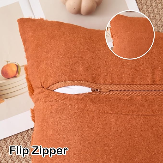 Kevin Textile Fall Pillow Covers 16x16 Inch Set of 2 Soft Pumpkins Decorative Square Pillowcases Plush Autumn Faux Fur Cushions Harvest Gift for Couch Sofa Chair Bedroom Home Decor, Brown