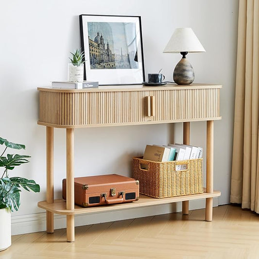 RARZOE Console Table with Storage, Fluted Entryway Table with Sliding Door&Open Shelf, Sofa Table Behind Couch, Mid-Century Modern Accent Table for Hallway, Entrance, Foyer, Fully Assembled(Natural)