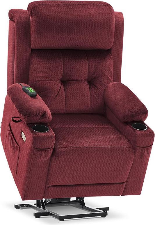 MCombo Large Triple Motor Power Lift Recliner Chair with Massage and Heat for Elderly People, Adjustable Headrest, Infinite Position, USB Ports, Fabric 7662 (Burgundy, Large)