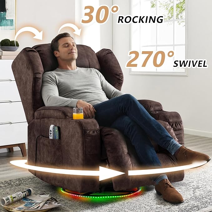 Power Swivel Rocker Recliner Chairs, Electric Wall Hugger Reclining Sofa with Massage & Heat, Comfy Theater Seating Single Chair with LED Light/USB/Type-C Ports (Velvet Brown, Set of 2)