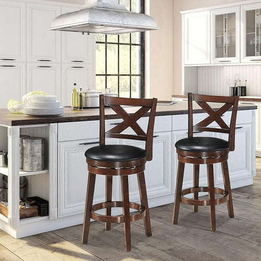 COSTWAY Bar Stools Set of 2, Counter Height Dining Chair, Fabric Upholstered 360 Degree Swivel, PVC Cushioned Seat, Perfect for Dining and Living Room