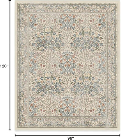 RUGGABLE x Morris & Co Washable Area Rug – Blackthorn Ivory Blue 8x10, Stain-Resistant, Non-Slip – Large Machine Washable Rugs for Living Room, Bedroom, Hallway, Entryway & Office–with Standard Pad