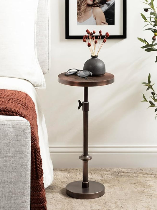 Kate and Laurel Engles Traditional Adjustable-Height Pedestal Drink Table; 10 x 10 x 30; Bronze; Vintage Round Indoor Metal Plant Stand with Embossed Sunburst Pattern
