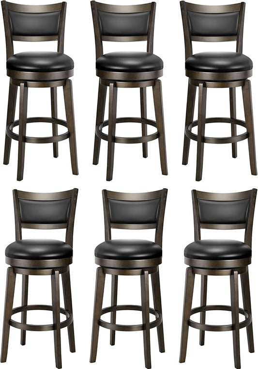 PrimeZone Swivel Bar Stools Set of 6, 26 Inch Counter Height Barstools, Black Faux Leather Bar Stool with High Backrest & Solid Wood Legs & Wrap-around Footrest, Counter Stools for Kitchen Island, Pub