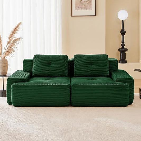 80.3” Green Boneless Couches for Living Room, Modular Sectional Sofa, 2 Seater Comfy Upholstered Loveseat Deep Seat Corduroy Fabric Cloud Couch No Assembly, Anti-Slip Design