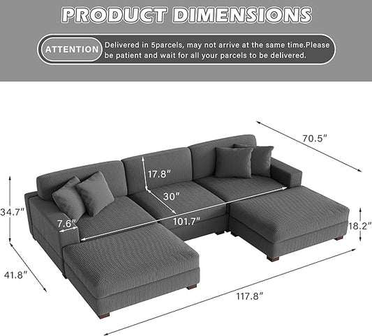Modular Sectional Couches for Living Room, 118" Modern Upholstered Sofa Couche with Ottoman for Living Room Bedroom, Grey
