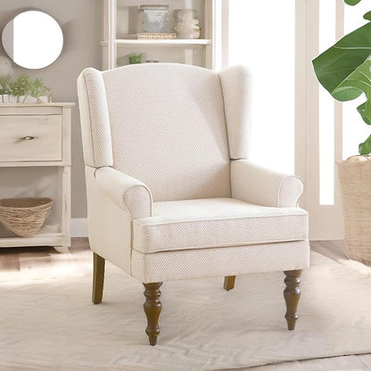 HUIMO Living Room Chair Upholstered High Back Armchair Retro Printed Wingback Chair in Linen for Bedroom & Study Comfy Accent Sofa Chair Reading Chair Holds 300lbs (Navy Blue) (1, Tan with Lines)