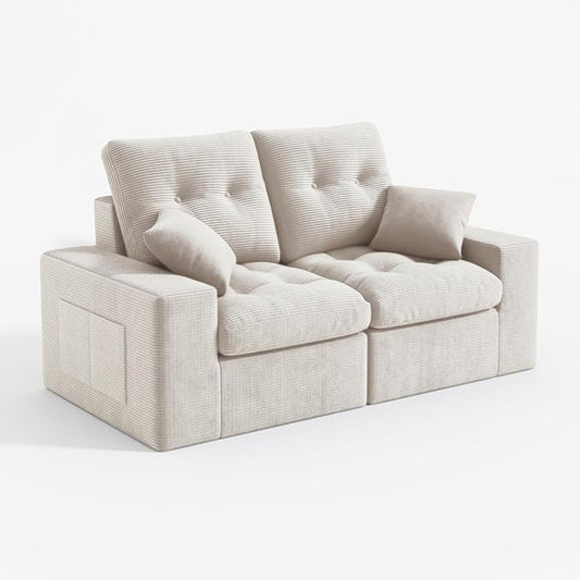 High Back Boneless Couch, Loveseat Cloud Couch with Versatile 2-Pack Pillow Blankets, Corduroy Modular Sectional Sofa, No Assemble Sectional Couches for Living Room, Warm White