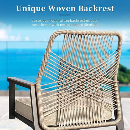 Patio Dining Chairs Set of 6, Heavy-Duty Woven Rope Outdoor Chairs with Waterproof Cushion and Wrought Iron Frame, All-Weather Outside Seating for Kitchen Garden Deck Backyard