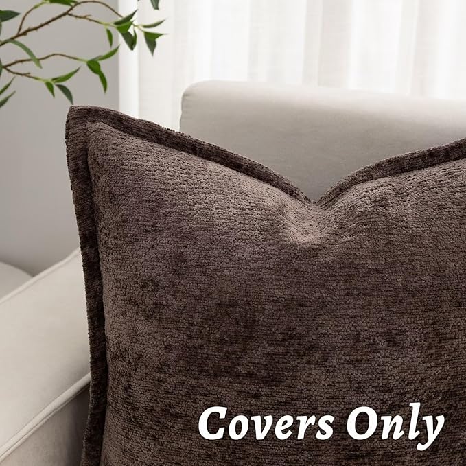 Brown Decorative Throw Pillow Covers 24x24 Inch Set of 2 Cozy Soild Chenille Cushion Cases Soft Textured Square Couch Pillows Cover Boho Accent Farmhouse Pillowcases for Sofa Bed