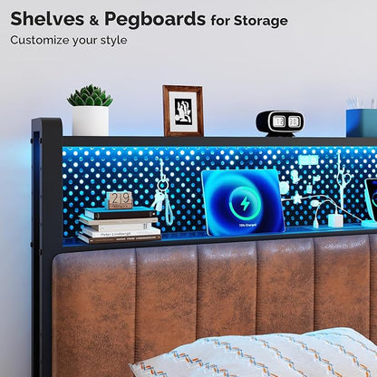 VINGLI Queen Size Headboard Only, Adjustable Upholstered Headboard with 2 Tier Shelves and Pegboard with Charging Stations and LED Lights, Modern Bed Headboard with Storage for Bedroom Decor