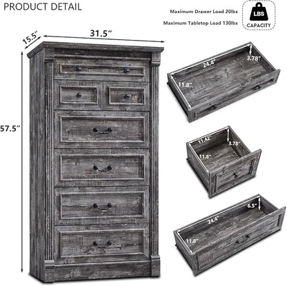 Farmhouse 7 Drawers Dresser for Bedroom, 57" Tall Large Dressers & Chests of Drawers w/Roman Column, Storage Dressers Organizer for Bedroom, Hallway, Living Room, Light Grey