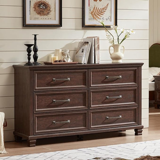 Farmhouse Bedroom Dresser and Nightstand Set of 4, 6 Drawer Tall & Low Dresser & 2 Drawer Nightstand Set, Rustic Wood Bedroom Furniture Set for Livingroom, Hallway, Walnut