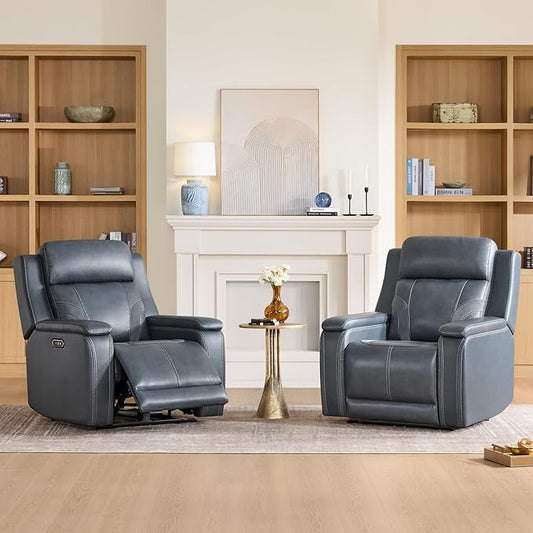 Watson & Whitely Genuine Leather Electric Recliner Chairs for Adults, Lay Flat Recliner with Power Headrest & Chargers for Living Room, Blue