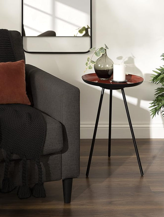 Kate and Laurel Laranya Modern Side Table; 15 x 15 x 23; Dark Clay Red and Black; Chic Minimalist Bedroom Nightstand Table with Hand-Applied Enamel Tabletop