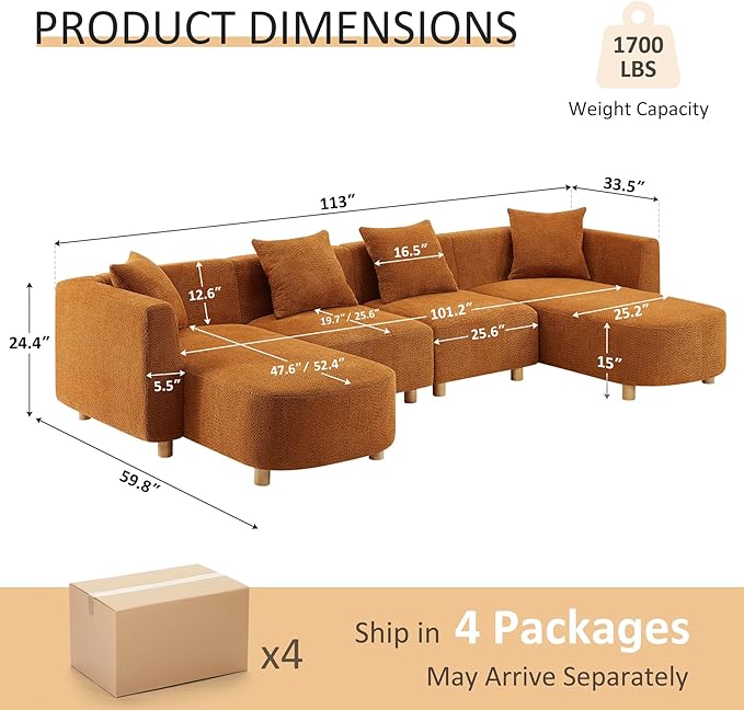 VANOMi 113" Sectional Sofa with 4 Pillows, U-Shaped 4-Seater Comfy Boucle Cloud Couch, Modern Double Chaises Lounge Sofas for Living Room, Office, Apartment (Curry-U)