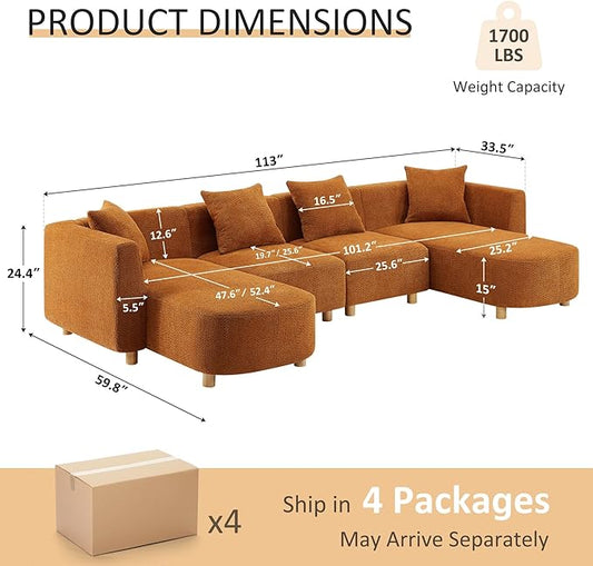 VANOMi 113" Sectional Sofa with 4 Pillows, U-Shaped 4-Seater Comfy Boucle Cloud Couch, Modern Double Chaises Lounge Sofas for Living Room, Office, Apartment (Curry-U)