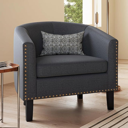 BELLEZE Accent Barrel Chair, Modern Tub Club Chair Upholstered Armchair with Gold Nail Head Trim and Black Legs for Living Room Bedroom Apartment Lounge - Gray/Linen
