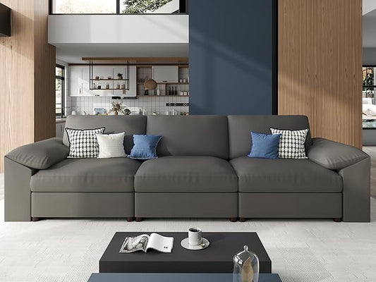 EASE MOOSE 3 Seater Deep Seat Sectional Sofa, Scratch Resistant Faux Leather Material, Oversized Modular Couch for Living Room,Modern Comfy Sofas for Small Spaces,Grey