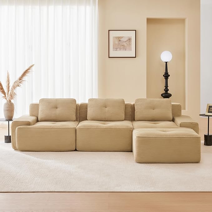115.3” Camel Boneless Couches for Living Room, Modular Sectional Sofa with L-Shape Chaise, 3 Seater Comfy Upholstered Deep Seat Corduroy Fabric Cloud Couch No Assembly, Anti-Slip Design