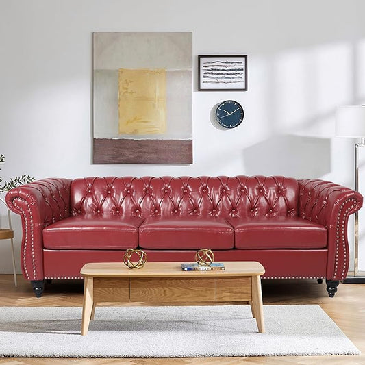 Home Sofa Living Room Furniture, 3 Seater Leather Upholstered Sofa Couch, Modern Comfy Couch with Faux Leather Cushions, Mid Century Tufted Chesterfield Sofas for Bedroom, Office, Apartment (Wine Red)