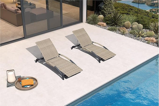 PURPLE LEAF Patio Chaise Lounge Chair Set of 2 Wicker Adjustable Recliner Tanning Chair for Outdoor Pool Beach Poolside Sunbathing Lounger Beige