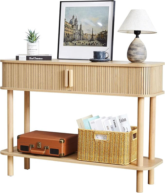 RARZOE Console Table with Storage, Fluted Entryway Table with Sliding Door&Open Shelf, Sofa Table Behind Couch, Mid-Century Modern Accent Table for Hallway, Entrance, Foyer, Fully Assembled(Natural)