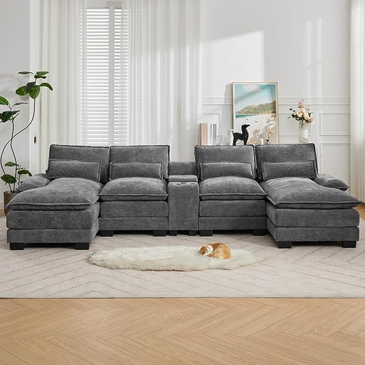 125'' U Shaped Cloud Modular Sofa with Chaise Lounges, Chenille Upholstered Comfy Sectional Couch with Storage Console, USB Charging Ports & Cup Holders, Modern Deep Seat Sofa for Living Room, Grey