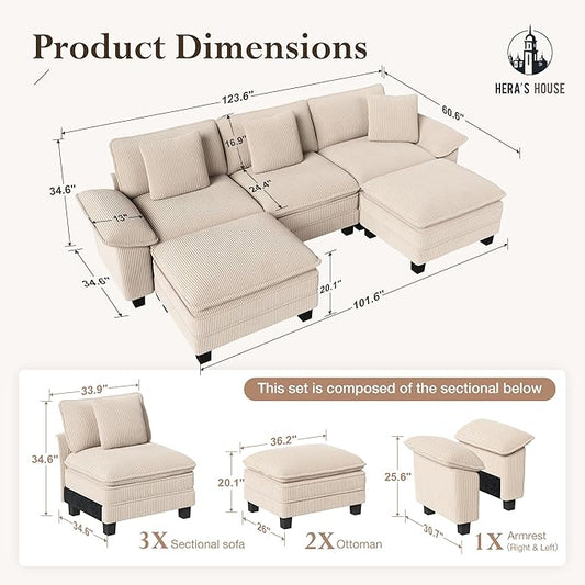 HERA'S HOUSE 124" Modular Sectional Sofa, Oversized U Shaped Couches for Living Room, Comfy Cloud Couch with Ottoman, 5-Seater Deep Seat Sofa with Throw Pillow, Corduroy Beige