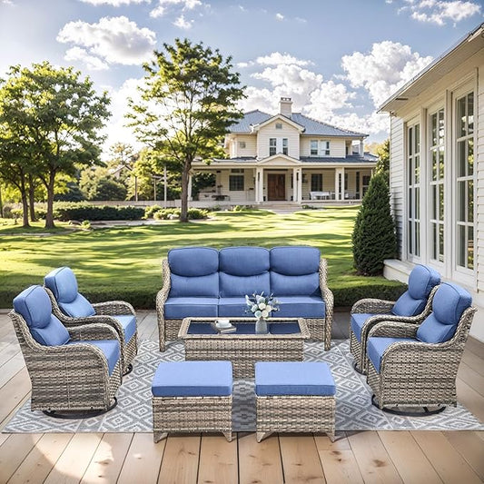 HUMMUH 8 Pieces Wicker Patio Furniture Set with Patio Swivel Chairs Set of 4,High Back Outdoor Sofa Coffee Table Ottomans,6 Inch Thick Cushions Outdoor Conversation Set for Porch, Balcony, Deck