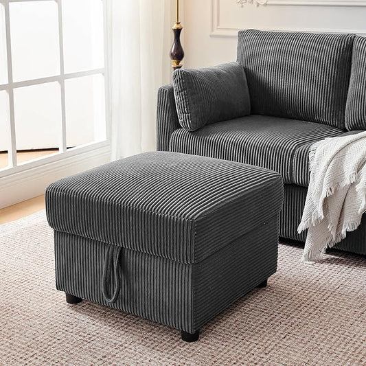 Corduroy Storage Ottoman for Living Room Sofas Couches, Square Ottoman with Storage Space Foot Rest Stool for Apartment, Dorm, Entryway, Grey
