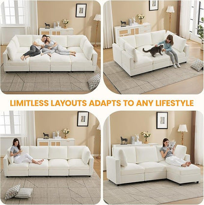 4-Seater Modular Sectional Cloud Sofa with Ottoman, Convertible L-Shaped Couch for Living Room, Modern Deep Seat Modular Sofa, Chenille Beige