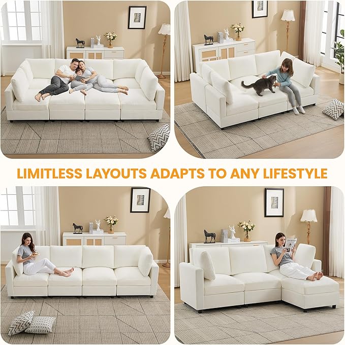 Modular Sectional Cloud Sofa Bed, 6-Seater Convertible Sofa Couch with Ottoman, Modern Deep Seat Sleeper Sofa for Living Room, Chenille Beige