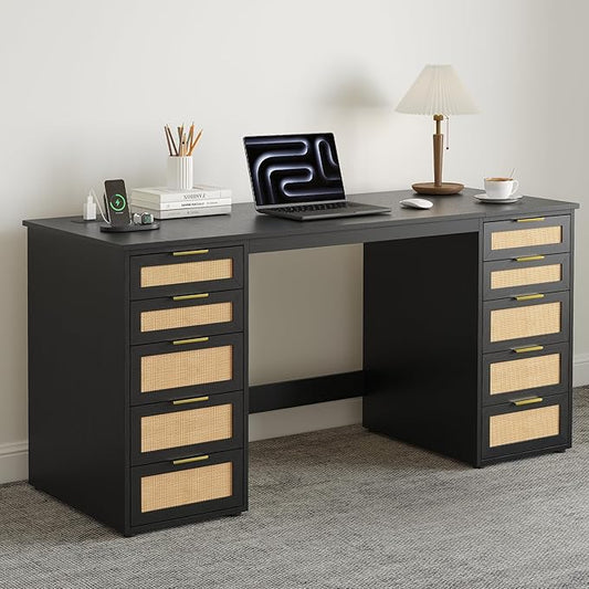 WOPITUES 60" Boho Home Office Desk with 10 Wooden Drawers, Rattan Computer Writing Desk with Power Outlets, Large Executive Desk with Storage Cabinet for Work Study Writing Craft, Black