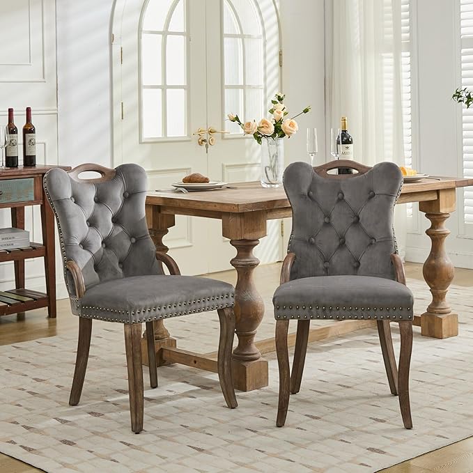 Velvet Dining Chairs Set of 2, Solid Wood Handles, Wooden Upholstered Dining Chair, Vintage Copper Nail Decoration, Mid Century Modern Kitchen Chair (Grey, Set of 2)