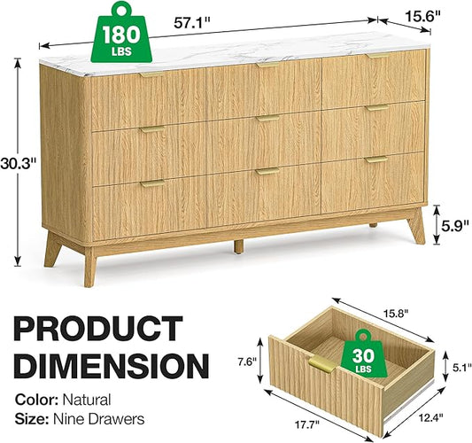 Fluted 9 Drawer Dresser, 57" Wide Chest of Drawers with Faux Marble Top,Modern Dresser TV Stand, Wood Closet Clothes Storage Organizer with Curved Edges for Bedroom, Living Room, Natural