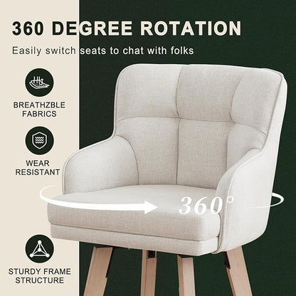 360°Swivel Counter Height Bar Stools with Back, 26 inch Solid Wood Legs, Bar Stool Modern Kitchen Island Chairs, Fabric (Beige- Fabric, 26" H- Set of 2)