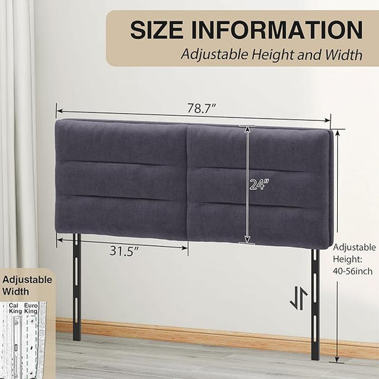 King Size Velvet Headboard Foldable Panels Backboard, Upholstered California King Head Board for Bedroom Adjustable Height from 42" to 56"-Grey