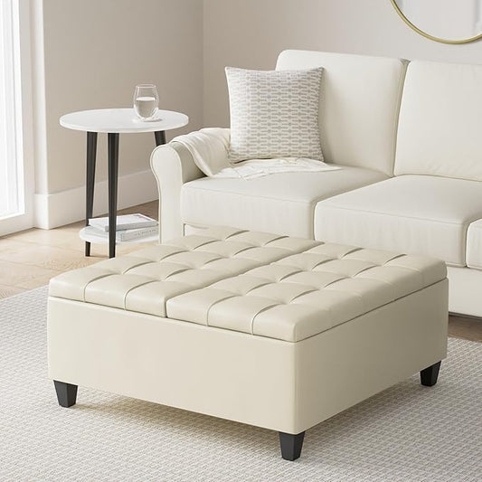 SIMPLIHOME Harrison Coffee Table Storage Ottoman - 36 inch Wide Upholstered Vegan Leather Square Lift-Top Ottoman in Satin Cream, Transitional Ottoman for Living Room with Hidden Storage