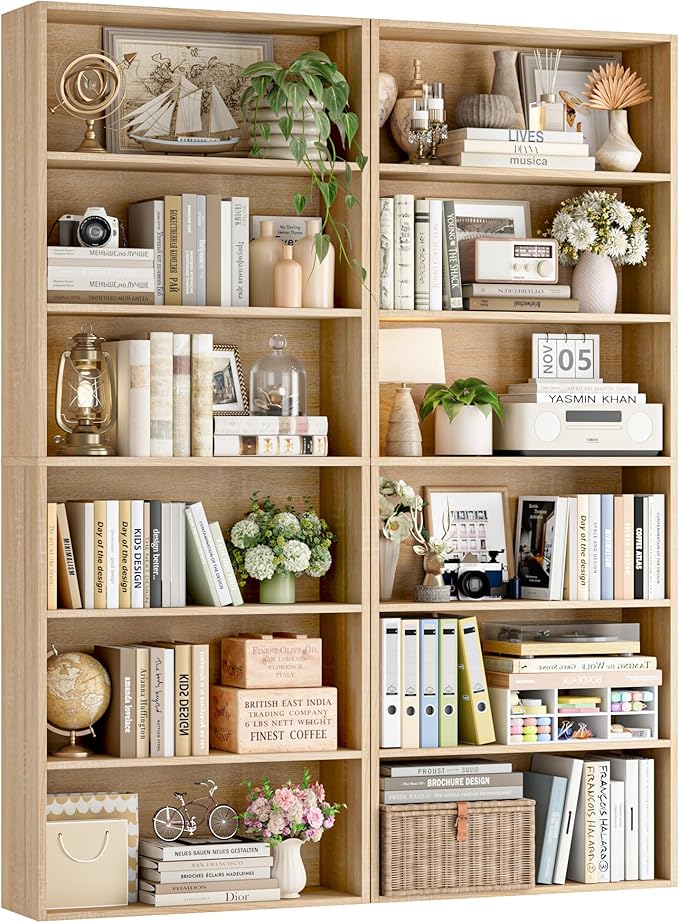 FOTOSOK 70.8" Tall Bookcase Shelf, 6 Tier Wide Bookshelf with Storage, Billy Bookcase Set of 2, Large Bookshelf for Living Room, Home Office,Light Oak