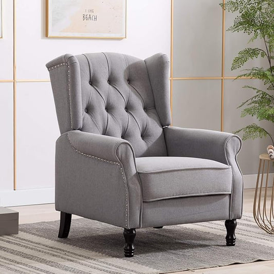 Artechworks Winged Fabric Modern Accent Chair Tufted Arm Club Chair Linen Single Sofa with Wooden Legs Comfy Upholstered for Reading Living Room Bedroom Office,Grey