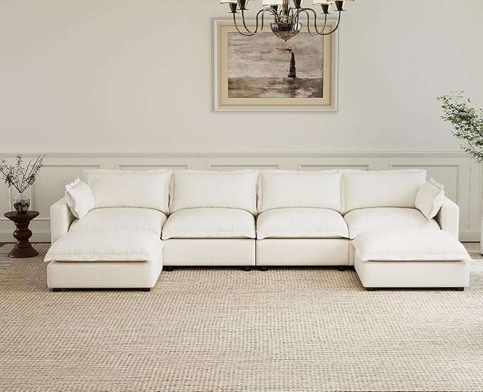 chairus 126" Modular Sectional Sofa with 2 Moveable Ottoman Upholstered Deep Seat Linen Couch Set with Soft Pillows U Shaped Sofa Couch for Living Room, Apartment, Reception Room, 4-Seater/White