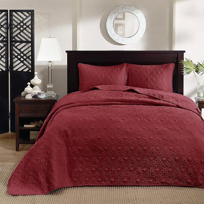 Madison Park Quebec King Size Quilt Bedding Set - Red , Damask – 3 Piece Bedding Quilt Coverlets – Ultra Soft Microfiber Bed Quilts Quilted Coverlet