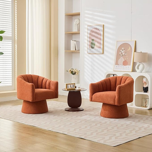 Swivel Accent Chair Set of 2, Upholstered Teddy 360° Swivel Barrel Chair for Living Room Overstuffed Bouncle Reading Chair Round Armchair for Bedroom,Vanity,Office-Orange