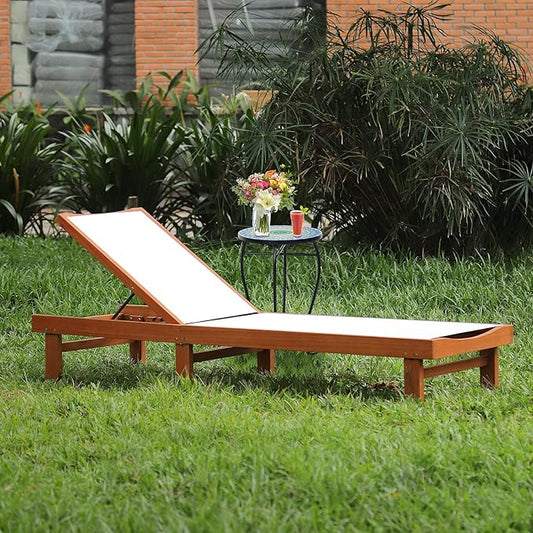 COSTWAY Patio Wood Chaise Lounge Chair, Strong Eucalyptus Wood Frame, 5-Position Adjustable Outdoor Recliner with White Mesh (1)