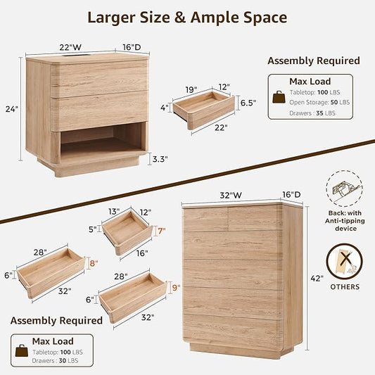 ACCOHOHO Modern Bedroom Set, 3 Pieces Bedroom Furniture Set, Wood 6 Drawer Dresser and Nightstands Set of 2, Chest of Drawers Wide Storage Organizer Cabinet for Bedroom,Natural Oak