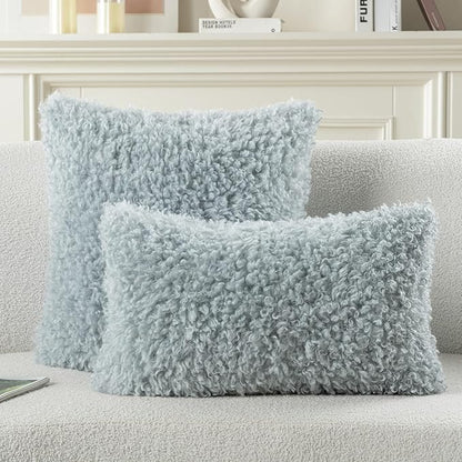FUTEI Light Blue Decorative Throw Pillow Covers 26x26 Inch Set of 2,Soft Fluffy Faux Wool Fur Boucle Textured Euro Pillow Shams,Modern Home Decor for Couch Bed Living Room Office