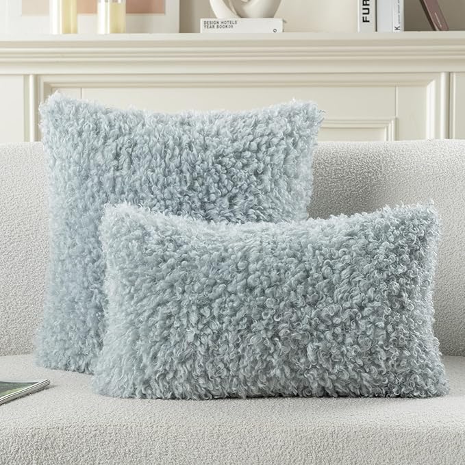 FUTEI Light Blue Decorative Throw Pillow Covers 18x18 Inch Set of 2,Soft Fluffy Faux Wool Fur Boucle Textured Cushion Case,Modern Home Decor for Couch Bed Living Room Office