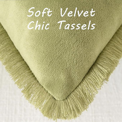 FUTEI Sage Green Velvet Decorative Throw Pillow Covers 22x22 Set of 2,Soft Cozy Edge with Tassels Cushion Case,Boho Modern Home Decor for Couch Bed Living Room
